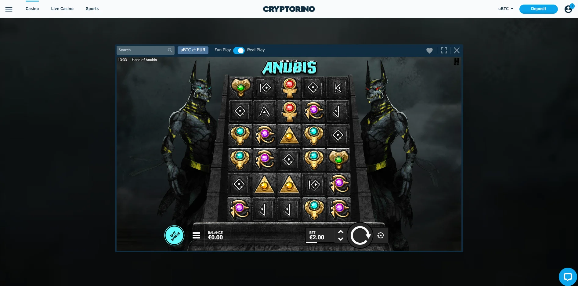 A view of the game from our Hand of Anubis slot review at Cryptorino