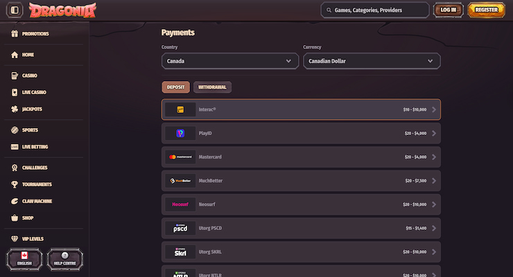 Dragonia Gigadat Casino's payments page 