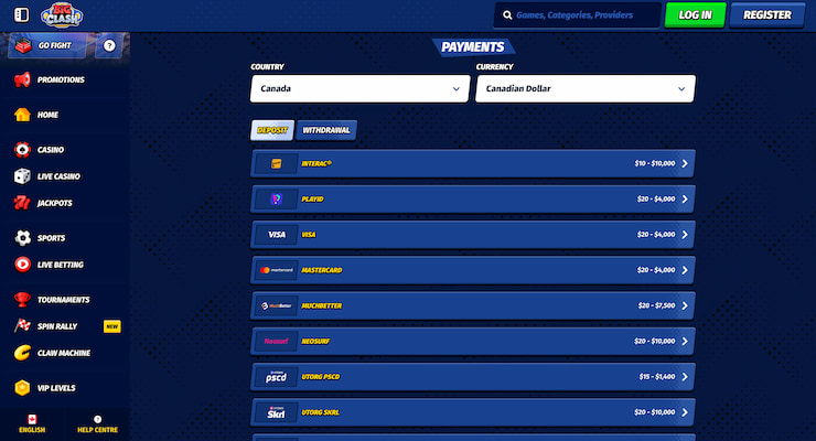 BigClash Casino platform showcasing its instant withdrawal methods