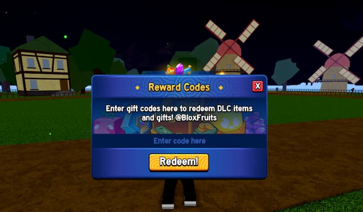 A screenshot demonstrating Blox Fruits codes redemption.