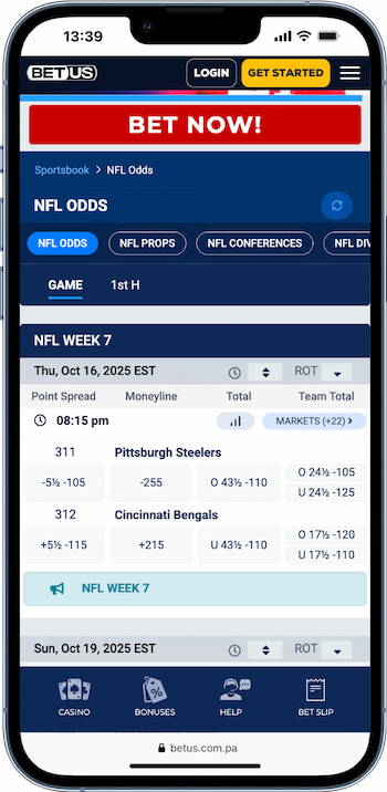 A screengrab os the BetUS mobile app for sports betting Ontario on smartphones.