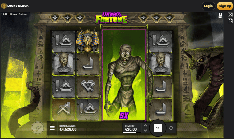 A preview of the Undead Fortune slot game on Lucky Block Casino A look at the mummy seen at Lucky Block during our Undead Fortune slot review