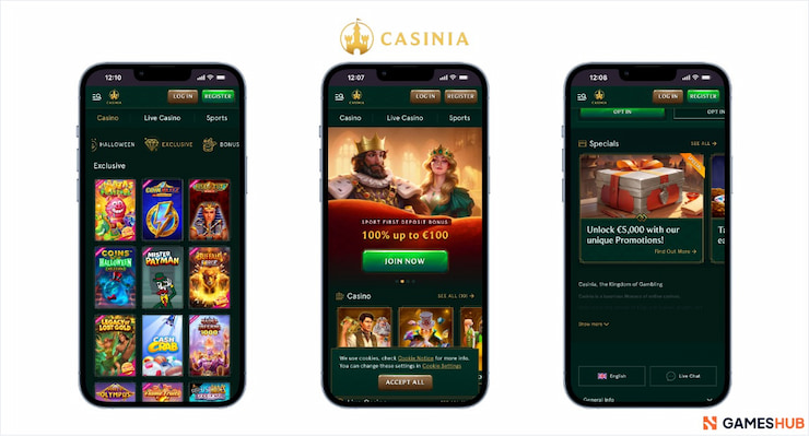 Screenshots of the Casinia Kuwaiti casino's mobile UX performance
