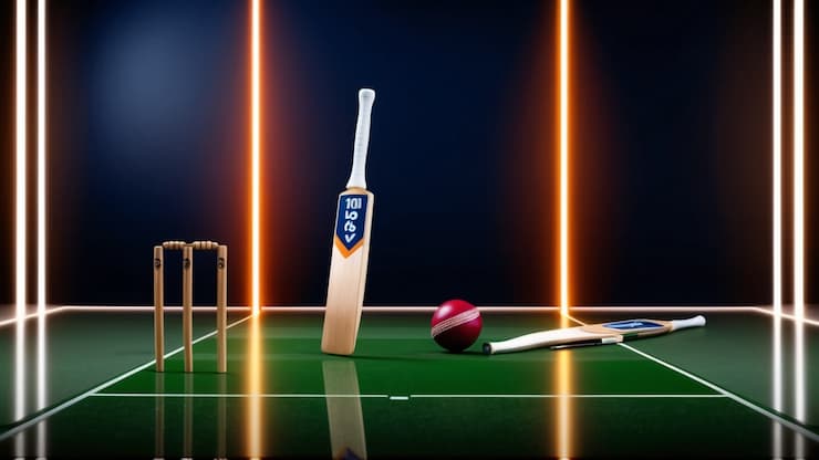 A depiction of cricket equipment, including a bat, ball, and wicket.