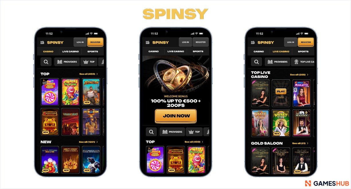 A screengrab of Spinsy Casino Instant Casino's app, which includes promotions and games.