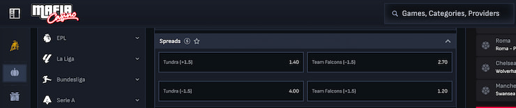 Spread betting odds for CSGO as seen at the Mafia Casino esports betting site in AUS
