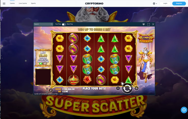 A screenshot playing Gates of Olympus Super Scatter at Cryptorino