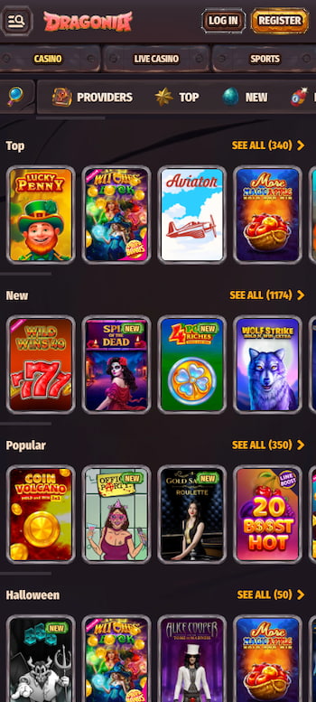 The games selection found at the Dragonia mobile online casino in Canada