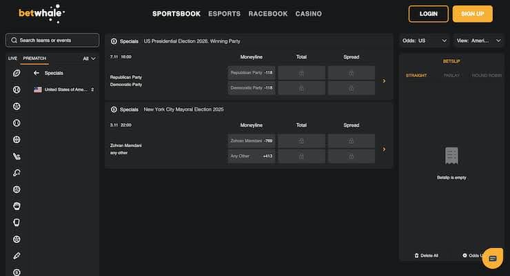 U.S. Presidential Election betting futures as seen at BetWhale