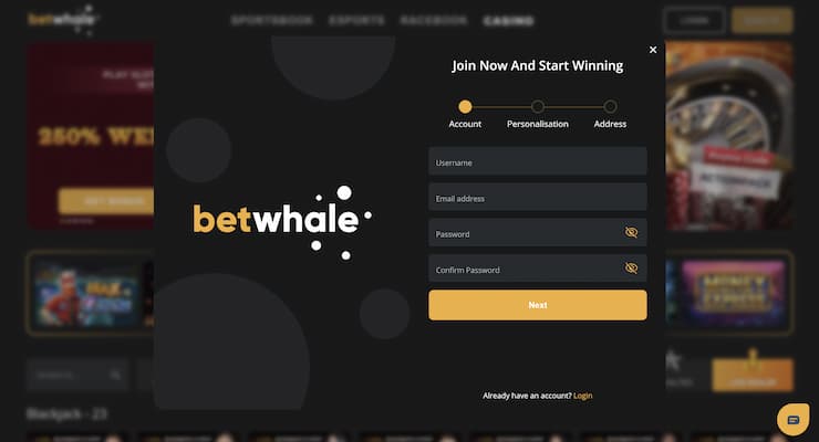 a preview of the online registration form at BetWhale Sports