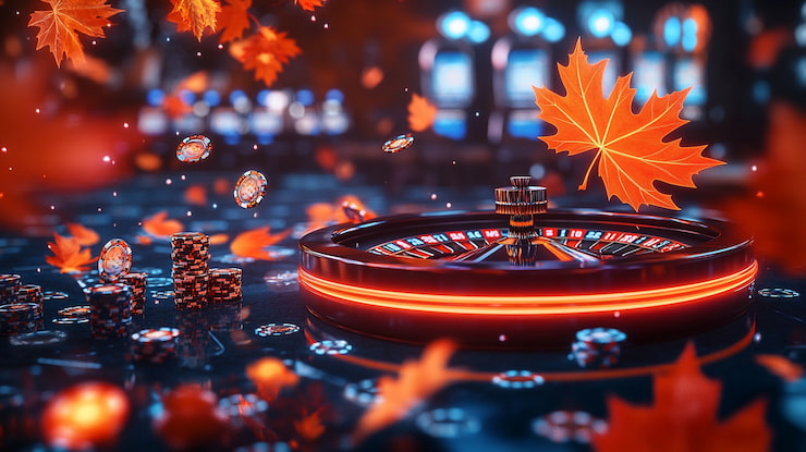 Roulette wheel surrounded by falling maple leaves, representing Amex casinos in Canada
