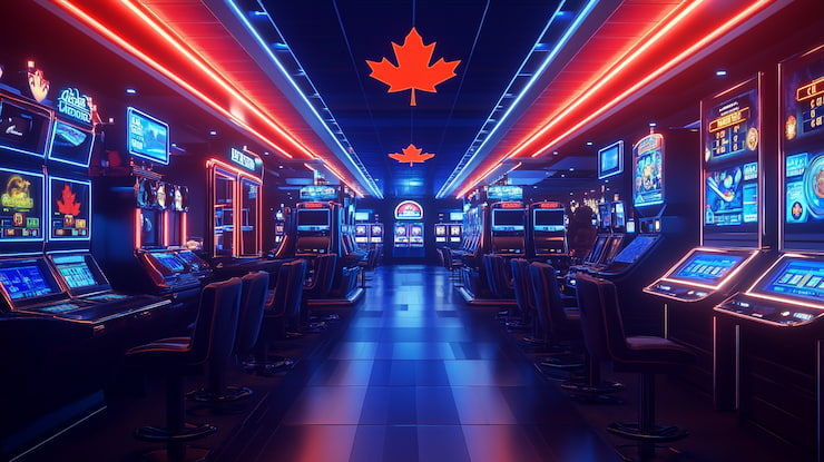 Casino floor with maple leaves on the ceiling, representing Apply Pay casinos in Canada