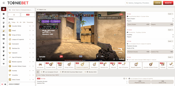 A quick look at Tooniebet's esports section, featuring pre-match markets and in-play bets with streams.