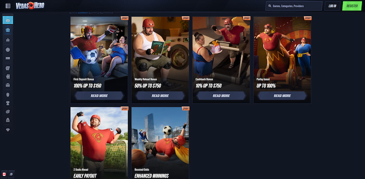 A screengrab which showcases VegasHero's superb bonuses and promotions, including a welcome offer, reloads, and cashbacks.