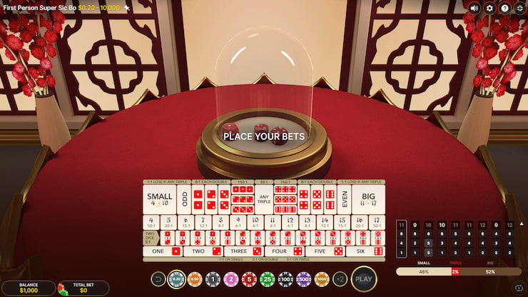 Overview of Evolution's First Person Super Sic Bo demo game.