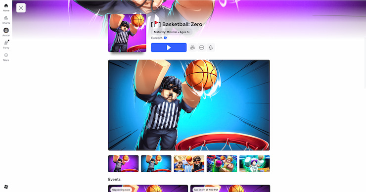 Overview of the main Basketball Zero homepage on Roblox.
