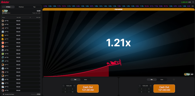 A closer look at the free Aviator game with the cash-out options in use.