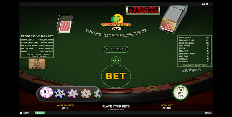 A screenshot of Playtech's Caribbean stud poker game with the payout table and hand rankings showcased.