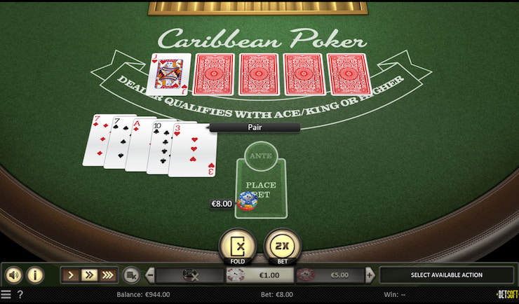 Screenshot taken of Betsoft's free Caribbean stud poker demo game.