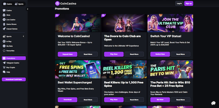 A screengrab taken of CoinCasino, a promo-packed betting site, perfect for playing Forest Arrow-style games.