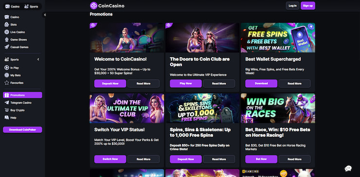 Overview of the promotions available at Coin Casino, many of which can be used to play dice games online.