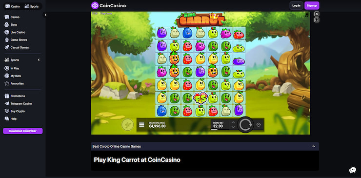 Overview of the King Carrot slot being played at CoinCasino, a top-tier site with plenty of promos to enjoy.
