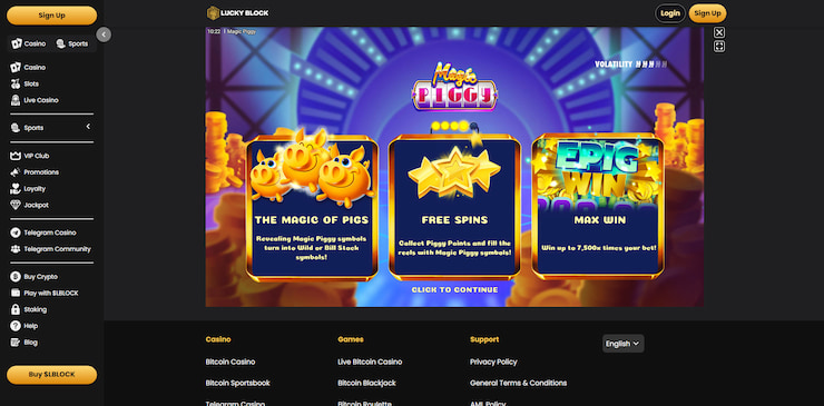 A screengrab of Lucky Block from our Magic Piggy slot review, highlighting the game's various features