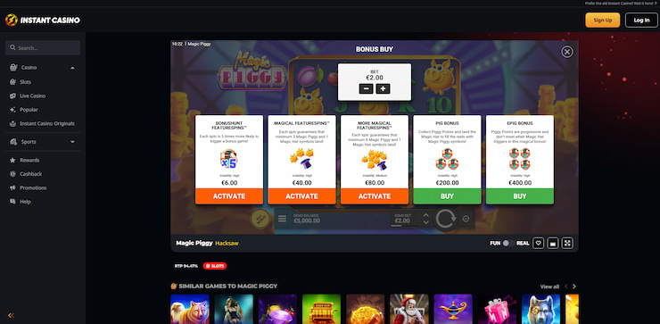 A screenshot of Instant Casino's Magic Piggy slot, showcasing the Bonus Buy feature in action