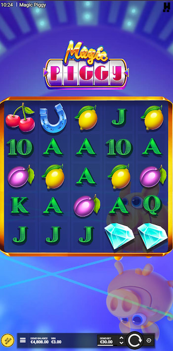 A quick look at a mobile-optimized version of the Magic Piggy casino game in play.