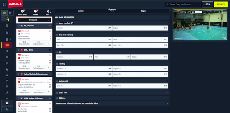 An image which highlights Rabona sportsbook's in-play betting options and on-site streaming feature.
