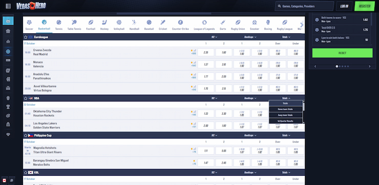 A screengrab of VegasHero's NBA totals markets, alongside their amazing rebet feature.