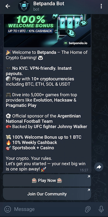 Mobile screenshot of Betpanda's Telegram casino bot