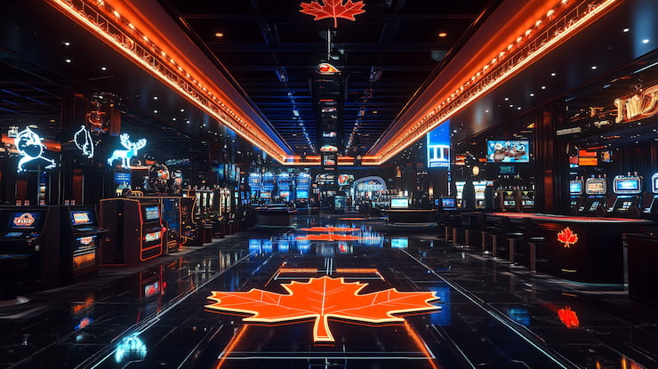 Casino floor with Canadian maple leaves, symbolising the best Neteller online casinos in Canada