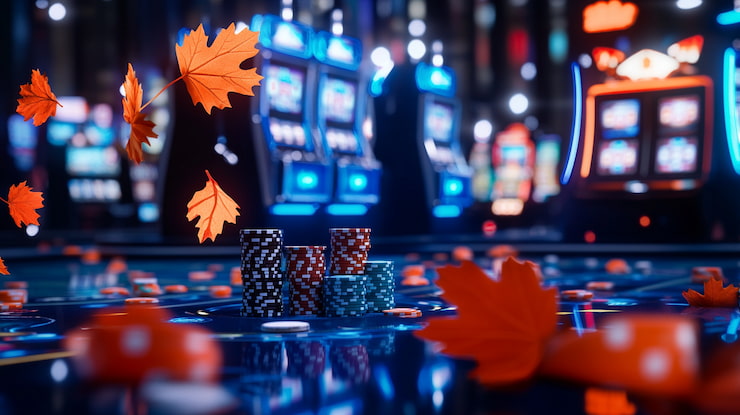 Casino chips on a table, with maple leaves falling through the air, representing the best Skrill casinos in Canada