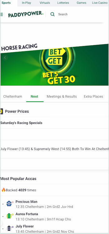 A look at the Paddy Power mobile horse racing betting site's UX in the UK