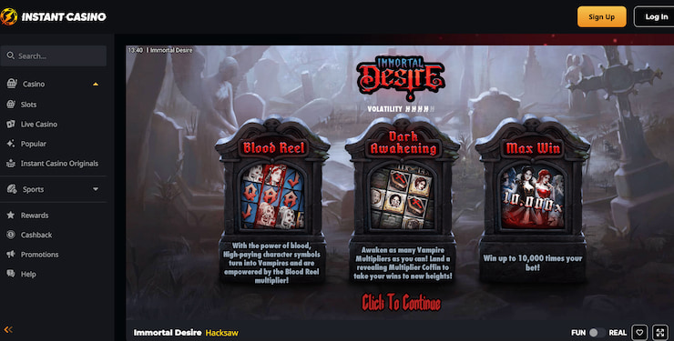 A look at the main features of the Immortal Desire slot, as seen at Instant Casino