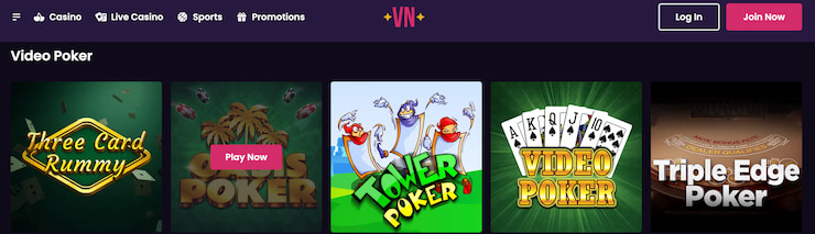 A selection of high payout video poker options at VegasNow Casino