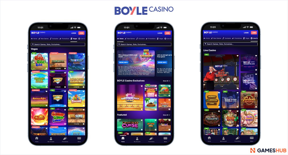 A set of smartphones display the BoyleSports online casino in Curacao.