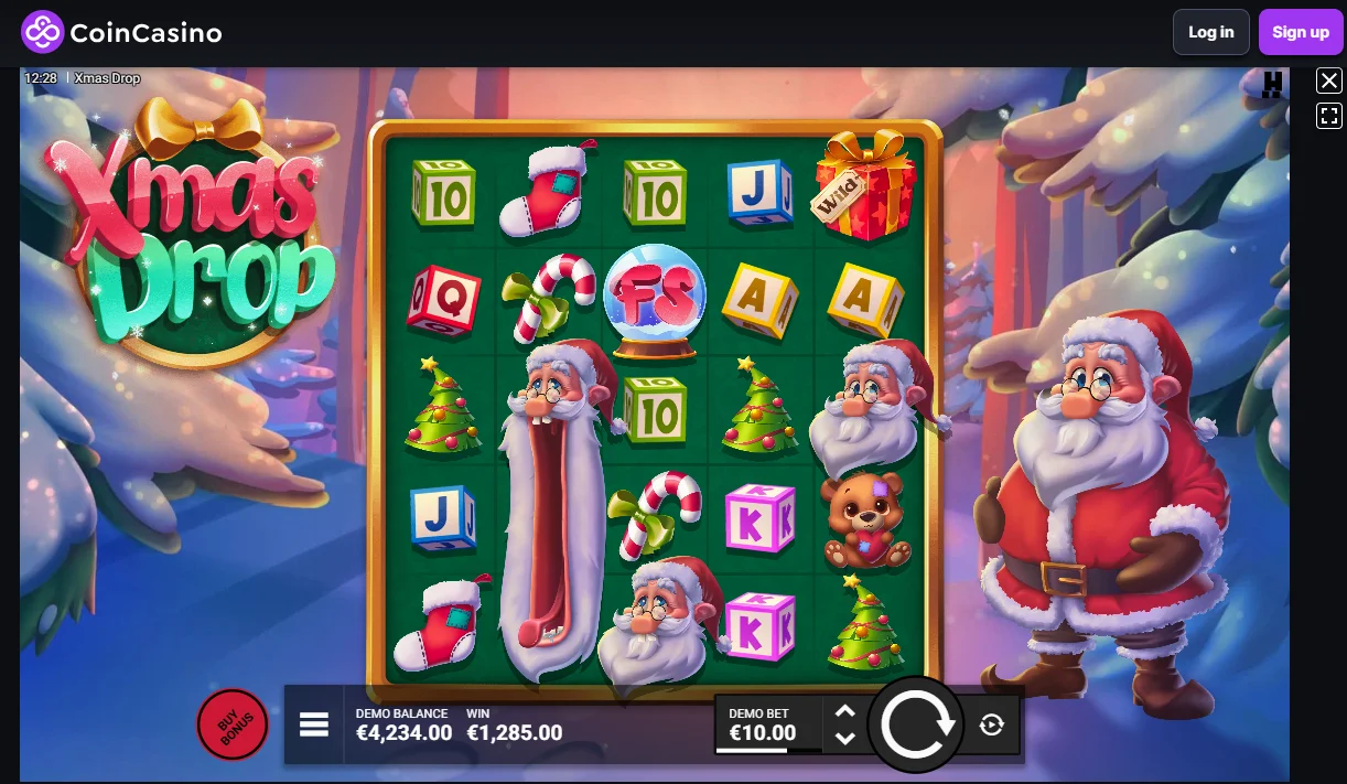 Screenshot of the Xmas Drop slot game on CoinCasino, showing festive symbols like Santa, Christmas trees, and presents Screenshot of the Xmas Drop slot game on CoinCasino, showing festive symbols like Santa, Christmas trees, and presents