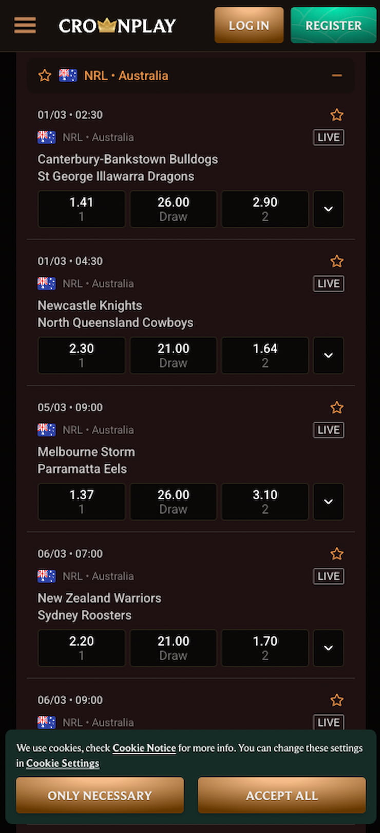 CrownPlay NRL odds, as seen on the AUS betting app
