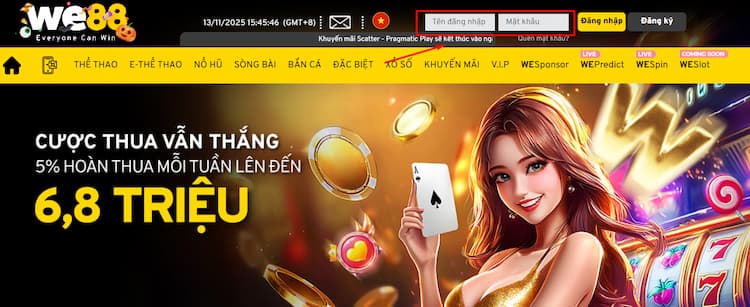 Điền thông tin Tên đăng nhập, Mật khẩu để đăng nhập tài khoản nhà cái