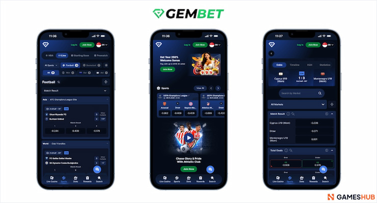 Screengrab featuring Gembet's betting app showcasing some of its top odds and sports markets.