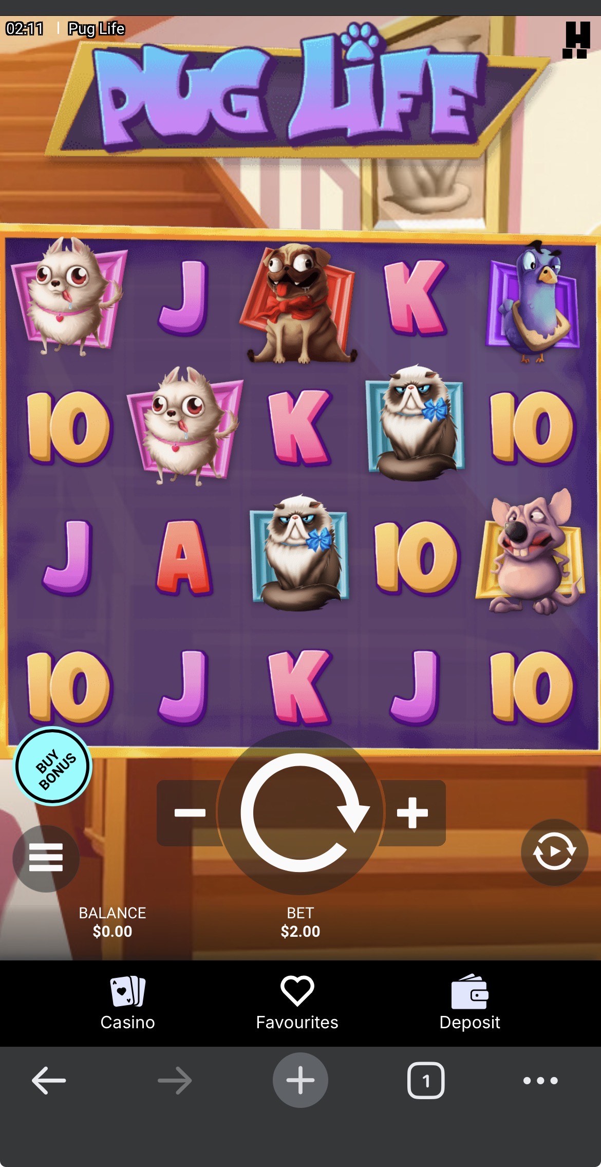 A preview of the Pug Life slot game on the CoinCasino mobile site