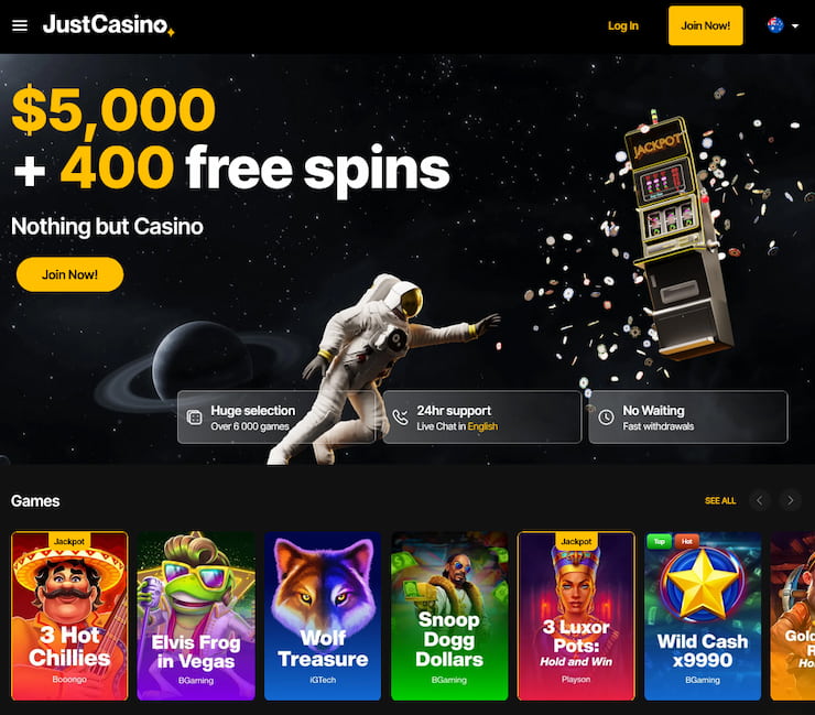 Just Casino's homepage, showing bonuses and games covered in our Just Casino Review