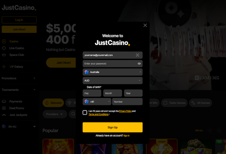 The sign up screen, which we walk through in our Just Casino review