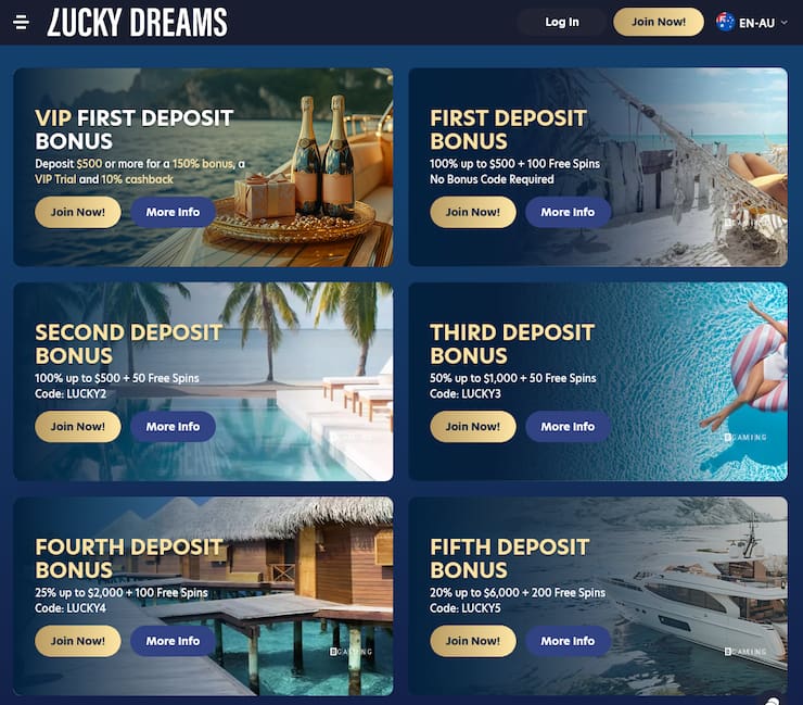 A view of Lucky Dreams casino bonus deals available to new joiners