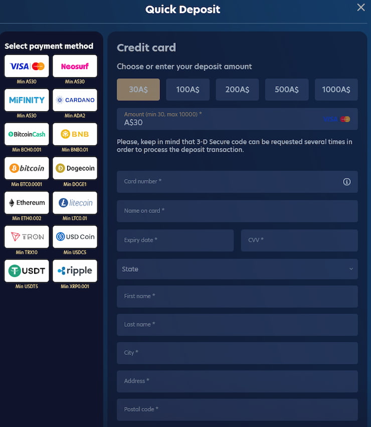 An image of deposit options as explored in our LuckyDreams casino review