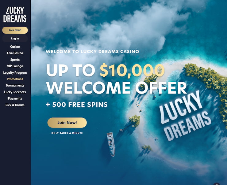 A view of the Lucky Dreams homepage seen during our LuckyDreams Casino review