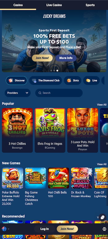 A view of the mobile homepage for our LuckyDreams casino review, using an iPhone 15 Pro