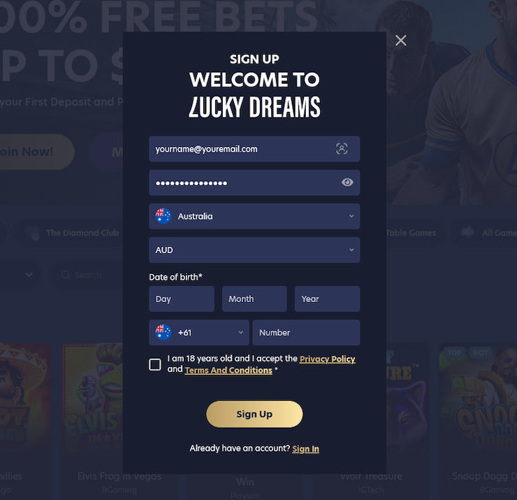 A view of the Lucky Dreams sign up screen, as explored in our LuckyDreams casino review